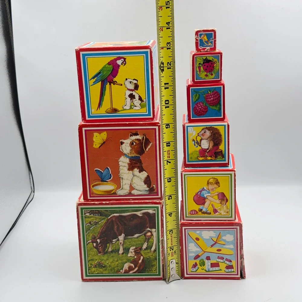 Vintage Mid Century Nesting Stacking Blocks Cardboard Animal Illustrations 9pc‎